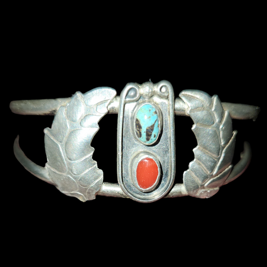 Rare Navajo Sterling Silver Turquoise & Coral Two Stones Cuff Bracelet